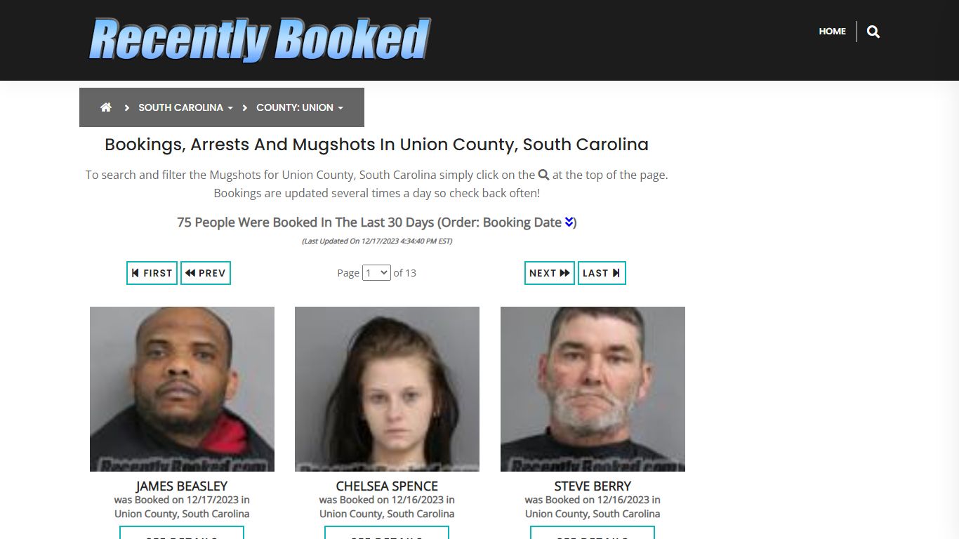 Bookings, Arrests and Mugshots in Union County, South Carolina